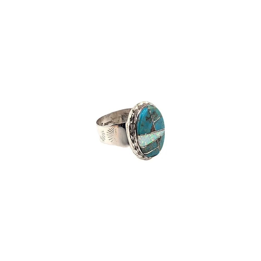 Handcrafted‎ Navajo Turquoise Opal Inlay Oval Tri-Cut Ring Signed NA Sz 9.5 US**